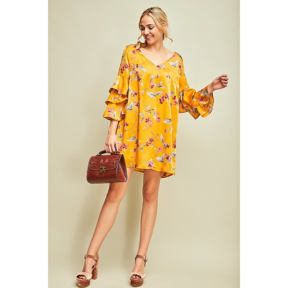 Floral & Ruffle Sleeve Dress, Mustard